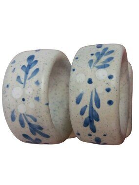 White Blue Napkin Ring Holders Hand-painted Ceramic Set of 2 Vintage Standing
